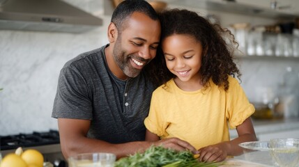 Happy African American father and daughter cooking together in modern kitchen natural light candid moment 