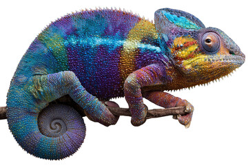 Obraz premium A vibrant panther chameleon perched on a branch, showcasing its iridescent scales and intricate details against a transparent background. background removed