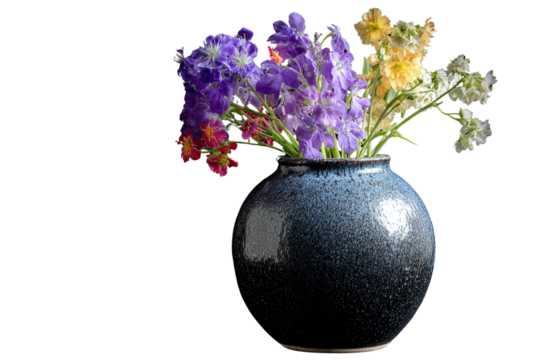 Vibrant wildflowers in a speckled blue ceramic vase, isolated on a transparent background. background removed