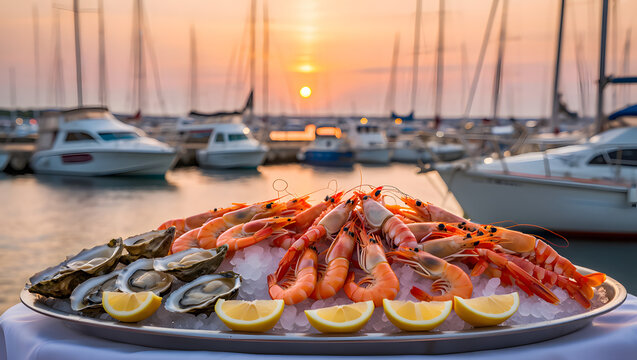 Seafood platter at sunset overlooking a marina with sailboats