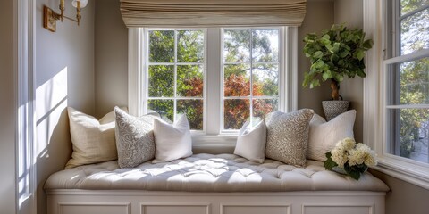 Fototapeta premium Small reading nook with padded window bench and plush cushions