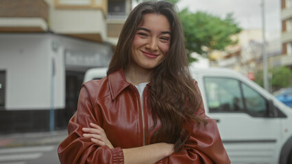 Woman wearing brown leather jacket with arms crossed on city street under overcast sky beside...