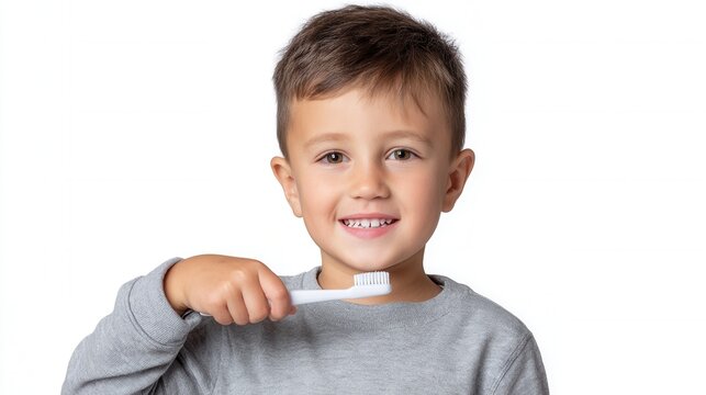 Child brushing teeth with wide smile dental hygiene care portrait isolated 