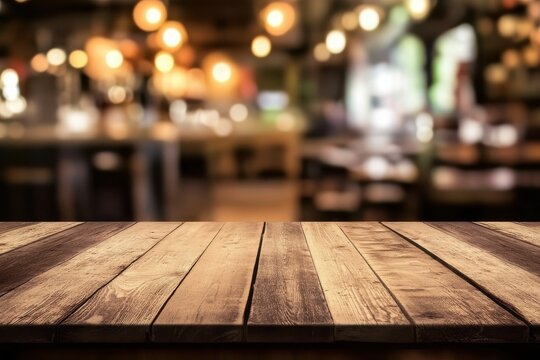 Warm wooden tabletop with cozy restaurant bokeh lights