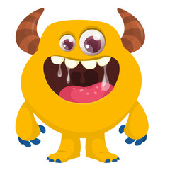 Cartoon cute monster with funny face expression waving hands. Halloween vector illustration 