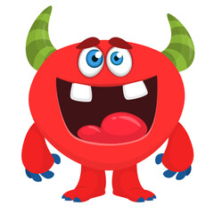 Cartoon cute monster with funny face expression waving hands. Halloween vector illustration 