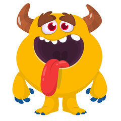 Cartoon cute monster with funny face expression waving hands. Halloween vector illustration 