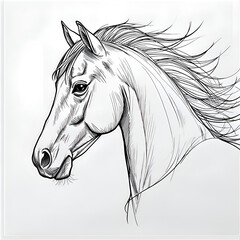 outlined vector illustration of horse head, thin line art, elegant flowing mane, black and white, minimal style