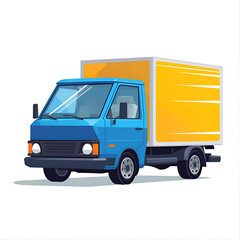 colorful vector illustration of delivery truck, flat style, blue truck with yellow cargo box, motion lines, minimal design, isolated on white