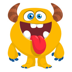Cartoon cute monster with funny face expression waving hands. Halloween vector illustration 