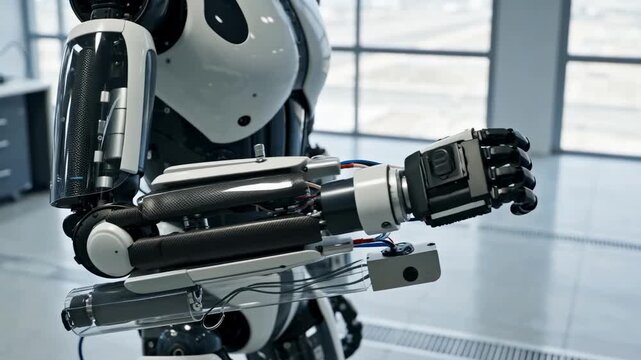 Advanced humanoid robot with articulated arm performing precise mechanical movements in modern laboratory setting