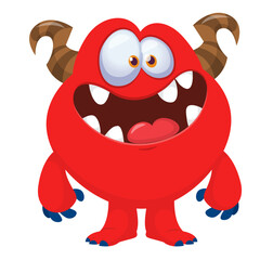Fototapeta premium Cartoon cute monster with funny face expression waving hands. Halloween vector illustration 