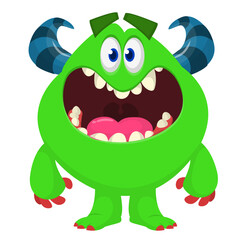Cartoon cute monster with funny face expression waving hands. Halloween vector illustration 