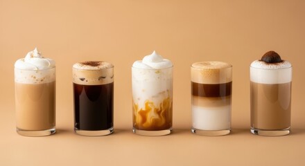 Five different coffee drinks with various toppings and layers in clear glasses
