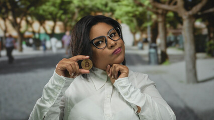 Woman outdoors holding bitcoin pondering on cryptocurrency future amidst bustling city scene rich with possibilities.
