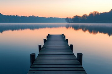 Fototapeta premium Scenic wooden pier leading into calm lake at sunrise with soft morning mist. Peaceful and tranquil landscape symbolizing serenity, mindfulness and harmony with nature.