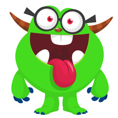 Cartoon cute monster with funny face expression waving hands. Halloween vector illustration 