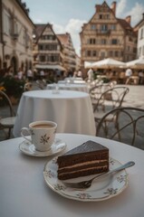Frischer Kaffee und Schokoladenkuchen in Café mit Blick auf historischen Marktplatz