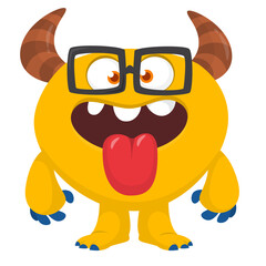 Cartoon cute monster with funny face expression waving hands. Halloween vector illustration 