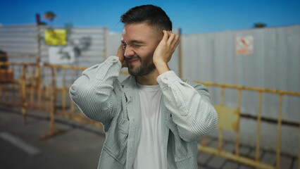 Hispanic man covering ears at noisy construction site displaying discomfort with barriers in the...