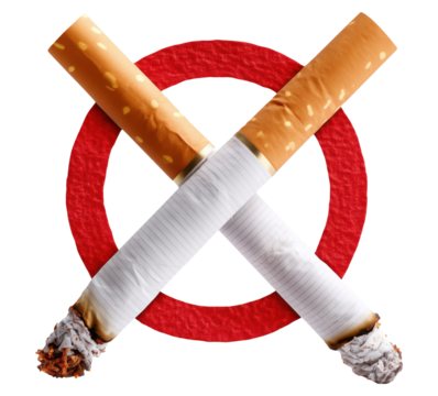 Red prohibition sign with crossed cigarettes, anti-smoking symbol, isolated on transparent background