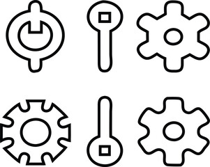 Professional vector illustration of outlined setting gear and adjust icons representing digital tools, software configuration, and system settings.