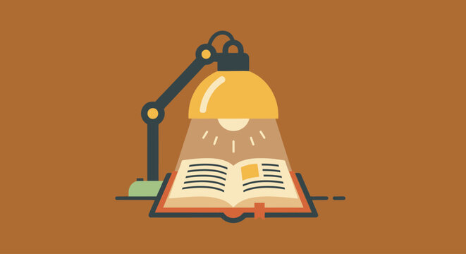 Illustration of an Open Book Illuminated by a Desk Lamp, Ideal for Educational Content, Reading Promotion, or Study-Related Visuals on Websites and Marketing Materials.