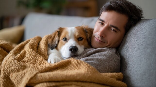 Man with dog relaxing on sofa with blanket enjoying cozy evening at home - Powered by Adobe