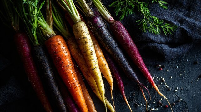 Flat lay of heirloom carrots on charcoal linen backdrop, soft shadows, moody minimalism, rustic styling, overhead view, copy space