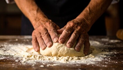 Close-up of hands kneading dough on a floured wooden surface, preparing bread.