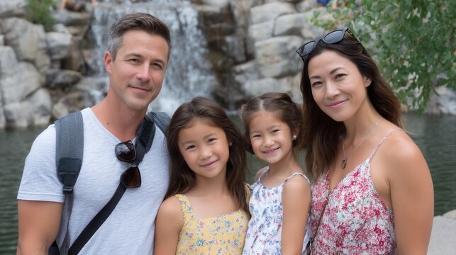 Family posing for photo in front of scenic waterfall shared outdoor experience 