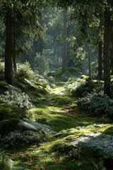Fototapeta premium Sunlit forest path through mossy rocks and shrubs
