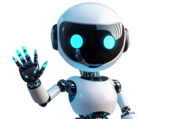 Cute AI robot chatbot waving in isolated setting with gigapixel low resolution and bright blue accents