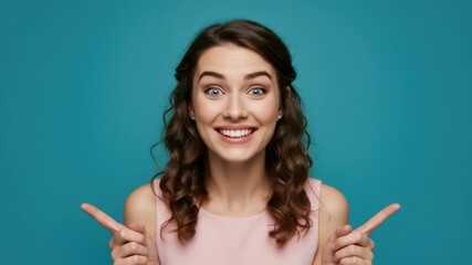 Excited woman points fingers for directional guidance indicating choices and demonstrating suggestion - Powered by Adobe