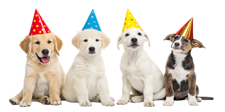 Four puppies sitting together wearing colorful party hats against a white background in a studio shot