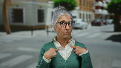 Fototapeta premium Senior woman with grey hair and glasses stands outdoors on a street in a city setting, expressing surprise or confusion while pointing at herself.