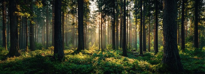 Sunlight filtering through a dense forest of tall trees