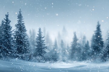Snowy winter forest scene, frosted pines, falling snow