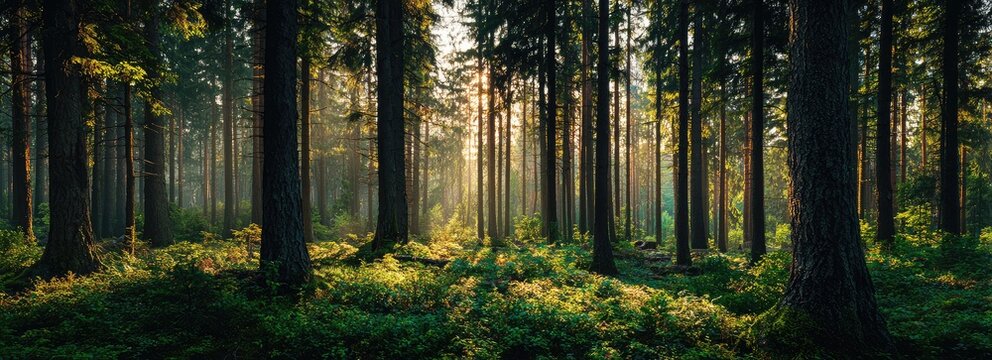 Sunlight filtering through a dense forest of tall trees