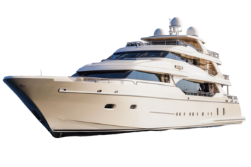 Luxurious yacht anchored on calm waters showcasing modern design and spacious decks ideal for relaxation and entertainment near a tropical coastline at sunset