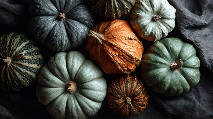 Overhead shot of heirloom pumpkins and gourds with muted charcoal paper as base, soft light fall shadows