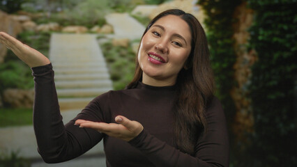Obraz premium Young hispanic woman holds both palms upward in green forest park scene; cheerful invitation to connect.