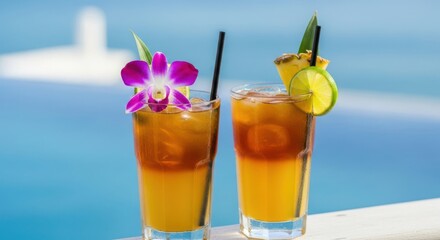Two tropical cocktails with fruit and flower garnishes by the pool