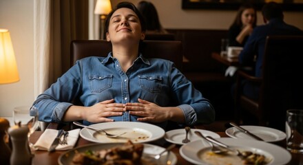 Person Leaning Back on a Chair After a Big Meal, Smiling Peacefully, Clearly Feeling Satisfied
