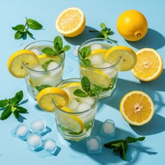 Fototapeta premium Three refreshing glasses of lemonade with ice, mint, and lemon slices on a blue background
