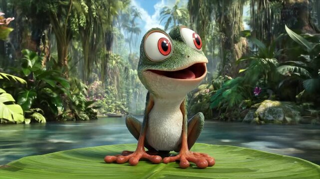 A cheerful cartoon frog sits on a large leaf in a lush, vibrant tropical setting.