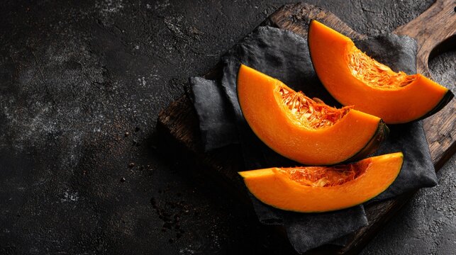 Pumpkin wedges resting on soft charcoal napkin, top-down frame, rustic cutting board underlay