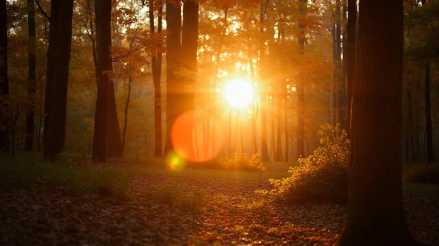 Sunlight through golden autumn leaves in a serene forest setting