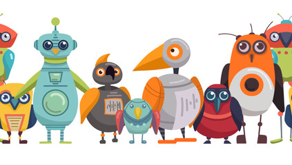 Vector seamless border with cute cartoon robot birds. Horizontal frieze with colorful bird automatons. Future pets.