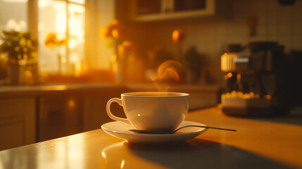 Obraz premium Warm coffee cup sits on a sunlit table in a cozy kitchen during morning hours